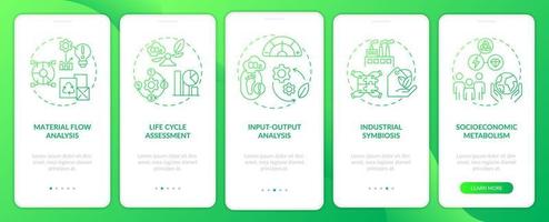 Industrial ecology methods green gradient onboarding mobile app screen. Walkthrough 5 steps graphic instructions pages with linear concepts. UI, UX, GUI template. vector