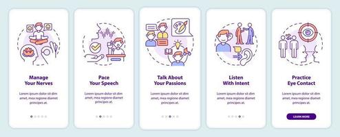 Steps to charisma onboarding mobile app screen. Become charismatic person walkthrough 5 steps graphic instructions pages with linear concepts. UI, UX, GUI template. vector