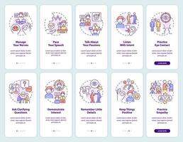 Developing charisma onboarding mobile app screen set. Practical steps walkthrough 5 steps graphic instructions pages with linear concepts. UI, UX, GUI template. vector