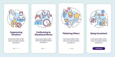 Impression management techniques onboarding mobile app screen. Walkthrough 4 steps graphic instructions pages with linear concepts. UI, UX, GUI template. vector