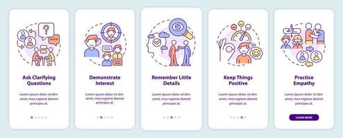 Practical steps to build charisma onboarding mobile app screen. Walkthrough 5 steps graphic instructions pages with linear concepts. UI, UX, GUI template. vector