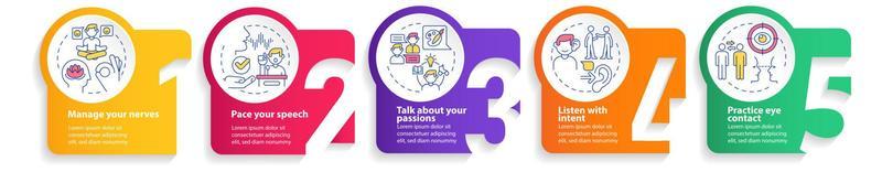 Steps to charisma circle infographic template. Charismatic person. Data visualization with 5 steps. Process timeline info chart. Workflow layout with line icons.