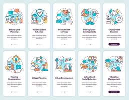 Social planning onboarding mobile app screen. Examples walkthrough 5 steps graphic instructions pages with linear concepts. UI, UX, GUI template. vector