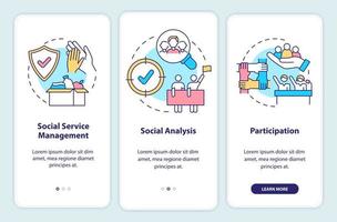 Social planning organizes onboarding mobile app screen. Walkthrough 3 steps graphic instructions pages with linear concepts. UI, UX, GUI template. vector