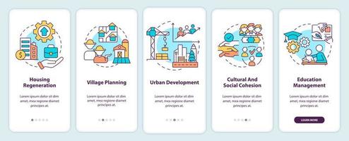 Social planning instances onboarding mobile app screen. Walkthrough 5 steps graphic instructions pages with linear concepts. UI, UX, GUI template. vector