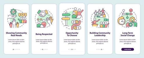 Reasons for participation onboarding mobile app screen. Social planning walkthrough 5 steps graphic instructions pages with linear concepts. UI, UX, GUI template. vector