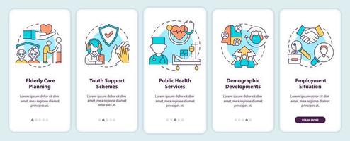 Social planning examples onboarding mobile app screen. Walkthrough 5 steps graphic instructions pages with linear concepts. UI, UX, GUI template. vector