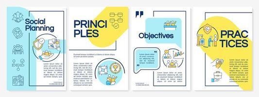 Social planning guideline blue and yellow brochure template. Leaflet design with linear icons. 4 vector layouts for presentation, annual reports.