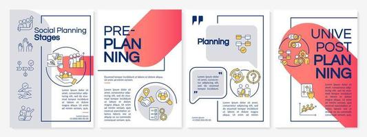 Social planning stages red and grey brochure template. Society changes. Leaflet design with linear icons. 4 vector layouts for presentation, annual reports.