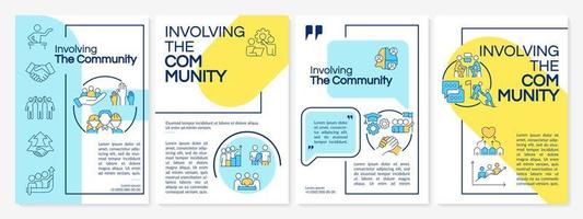 Involving community blue and yellow brochure template. Social planning. Leaflet design with linear icons. 4 vector layouts for presentation, annual reports.