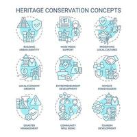 Heritage conservation turquoise concept icons set. Saving cultural artifacts strategy idea thin line color illustrations. Isolated symbols. Editable stroke. vector