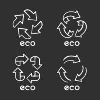 Eco labels chalk icons set. Arrows signs. Recycle symbols. Alternative energy. Environmental protection stickers. Eco friendly chemicals. Organic cosmetics. Isolated vector chalkboard illustrations