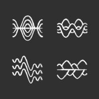 conjunto de iconos de tiza de ondas sonoras. vibración, amplitud de ruido, niveles. ondas de sonido, forma de onda digital. audio, música, frecuencia de ritmo de melodía. líneas abstractas onduladas. Ilustraciones de vector pizarra