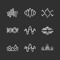 Sound and audio waves chalk icons set. Voice recording, radio signal waveforms. Digital soundwaves. Melody amplitudes level. Dj equalizer, soundtrack frequency. Isolated vector chalkboard illustration