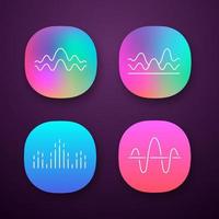 Sound waves app icons set. Noise, vibration frequency. Volume level wavy lines. Music waves. Digital curve soundwaves. UI UX user interface. Web or mobile applications. Vector isolated illustrations