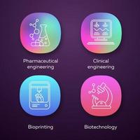 Bioengineering app icons set. Medical technologies. Pharmaceutical and clinical engineering, bioprinting, biotechnology. UI UX user interface. Web or mobile applications. Vector isolated illustrations