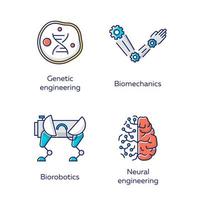 Bioengineering color icons set. Changing existing and creating artificial organisms. Genetic engineering, biomechanics, biorobotics, neural engineering. Biotechnology. Isolated vector illustrations