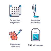 conjunto de iconos de colores de bioingeniería. tecnologías médicas para la investigación, el tratamiento. diagnósticos en papel, prótesis adaptables, células cardíacas modificadas, micromatrices de adn. ilustraciones de vectores aislados