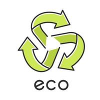 Eco label color icon. Three green rounded arrows coming out of center sign. Recycle symbol. Environmental protection sticker. Eco friendly chemicals. Organic cosmetics. Isolated vector illustration