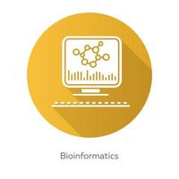 bioinformática icono de glifo de sombra larga de diseño plano amarillo. investigación del genoma humano. análisis de la información por computadora. datos biológicos. informacion genetica bioingeniería ilustración de silueta vectorial vector