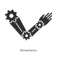 conjunto de iconos de glifo de biomecánica. estudiar y copiar movimientos corporales. brazo robótico. propiedades mecánicas de los sistemas biológicos. bioingeniería símbolos de silueta. ilustración vectorial aislada vector