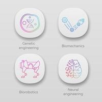 Bioengineering app icons set. Genetic engineering, biomechanics, biorobotics, neural engineering. Biotechnology. UI UX user interface. Web or mobile applications. Vector isolated illustrations