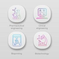 Bioengineering app icons set. Pharmaceutical and clinical engineering, bioprinting, biotechnology. UI UX user interface. Web or mobile applications. Vector isolated illustrations