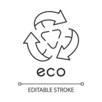 Eco label linear icon. Three rounded arrow signs with triangle in center. Recycle symbol. Thin line illustration. Contour symbol. Vector isolated outline drawing. Editable stroke