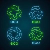 Eco labels neon light icons set. Arrows signs. Recycle symbols. Alternative energy. Environmental protection emblems. Organic products. Eco friendly chemicals. Glowing signs. Vector illustrations