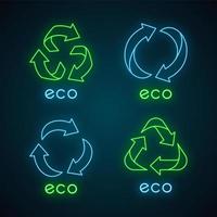 Eco labels neon light icons set. Arrows signs. Recycle symbols. Alternative energy. Environmental protection emblems. Organic cosmetics. Glowing signs. Vector isolated illustrations
