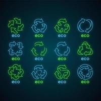 Eco labels neon light icons set. Arrows signs. Recycle symbols. Alternative energy. Environmental protection emblems. Zero waste product. Organic products. Glowing signs. Vector isolated illustrations