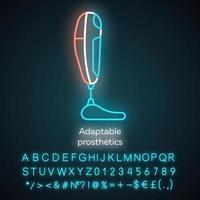 Adaptable prosthetics neon light icon. Body part replacing. Mechanical artificial limb. Bionic foot. Bioengineering. Glowing sign with alphabet, numbers and symbols. Vector isolated illustration