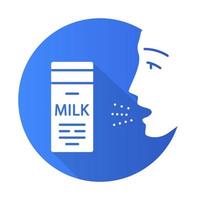 Milk allergy flat design long shadow glyph icon. Food allergy. Allergic reaction to milk proteins. Lactose intolerance. Medical problem. Allergens in dairy. Vector silhouette illustration