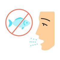 alergia al pescado diseño plano icono de color de sombra larga. Sensibilidad de los peces con aletas. hipersensibilidad del sistema inmunitario. enfermedad alérgica intolerancia a la comida. problema medico. ilustración de silueta vectorial vector