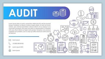 Audit web banner, business card vector template. Accounting company contact page with phone, email linear icons. Financial analysis presentation, web page idea. Corporate print design layout