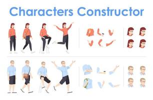 Male and female front view animated flat vector characters design set. Character animation creation cartoon pack. Students constructor with various face emotion, body poses, hand gestures kit
