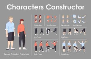 Couple front view animated flat vector characters design set. European man, woman constructor with various face emotion, body poses, hand gestures, legs kit