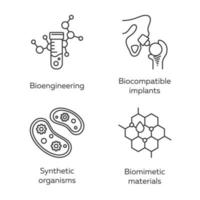 conjunto de iconos lineales de bioingeniería. biotecnología. bioquímica, gmo, implantación. símbolos de contorno de línea delgada. ilustraciones aisladas de contorno vectorial. trazo editable vector