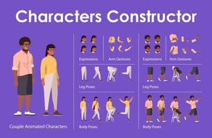 Dark skin man, woman front view animated flat vector characters design set.  Couple constructor with various face emotion, body poses, hand gestures, legs kit