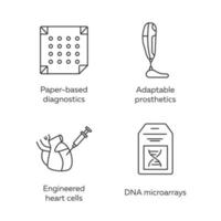Bioengineering linear icons set. Diagnostics, adaptable prosthetics, engineered heart cells, DNA microarrays. Thin line contour symbols. Isolated vector outline illustrations. Editable stroke