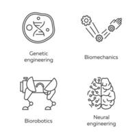 Bioengineering linear icons set. Genetic engineering, biomechanics, biorobotics, neural engineering. Biotechnology. Thin line contour symbols. Isolated vector outline illustrations. Editable stroke