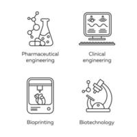 Bioengineering linear icons set. Pharmaceutical and clinical engineering, bioprinting, biotechnology. Thin line contour symbols. Isolated vector outline illustrations. Editable stroke