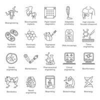 Bioengineering linear icons set. Biotechnology. Diseases treatment, genetic engineering, artificial intelligence. Thin line contour symbols. Isolated vector outline illustrations. Editable stroke