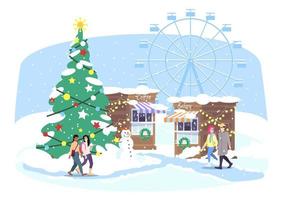 Christmas funfair flat vector illustration. People walking Xmas street market cartoon characters. Winter fairground with market stalls, ferris wheel and Christmas fir tree. New Year greeting card