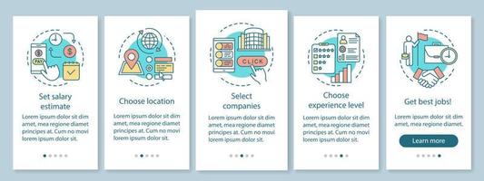 búsqueda de trabajos a tiempo parcial incorporando la pantalla de la página de la aplicación móvil con conceptos lineales. seleccione empresas, obtenga instrucciones gráficas de los pasos del recorrido del trabajo. ux, ui, plantilla vectorial gui con ilustraciones vector