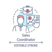 Sales coordinator concept icon. Customer support representative idea thin line illustration. Service specialist. Salesman, marketer, assistant. Vector isolated outline drawing. Editable stroke