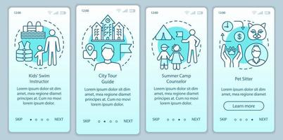 trabajos a tiempo parcial de verano plantilla de vector de pantalla de página de aplicación móvil de incorporación turquesa. instructor de natación paso a paso del sitio web con ilustraciones lineales. ux, ui, concepto de interfaz de teléfono inteligente gui