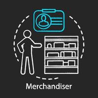 Merchandiser chalk icon. Store worker, employee, assistant. Marketing retail, shopping and promotion. Salesman, sales manager. Merchandiser checking products. Isolated vector chalkboard illustration