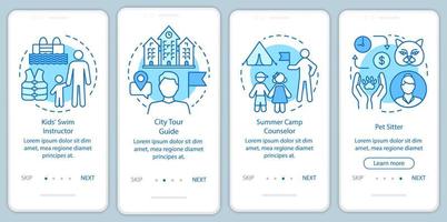Summer part-time jobs blue onboarding mobile app page screen with linear concepts. Swim instructor, tour guide walkthrough steps graphic instructions. UX, UI, GUI vector template with illustrations