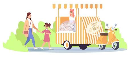 Ilustración de vector plano de camión de comida de palomitas de maíz. madre con hija caminando por comprar palomitas de maíz en el parque de la ciudad. vehículo de comida callejera, vendedor, compradores personajes de dibujos animados aislados sobre fondo blanco